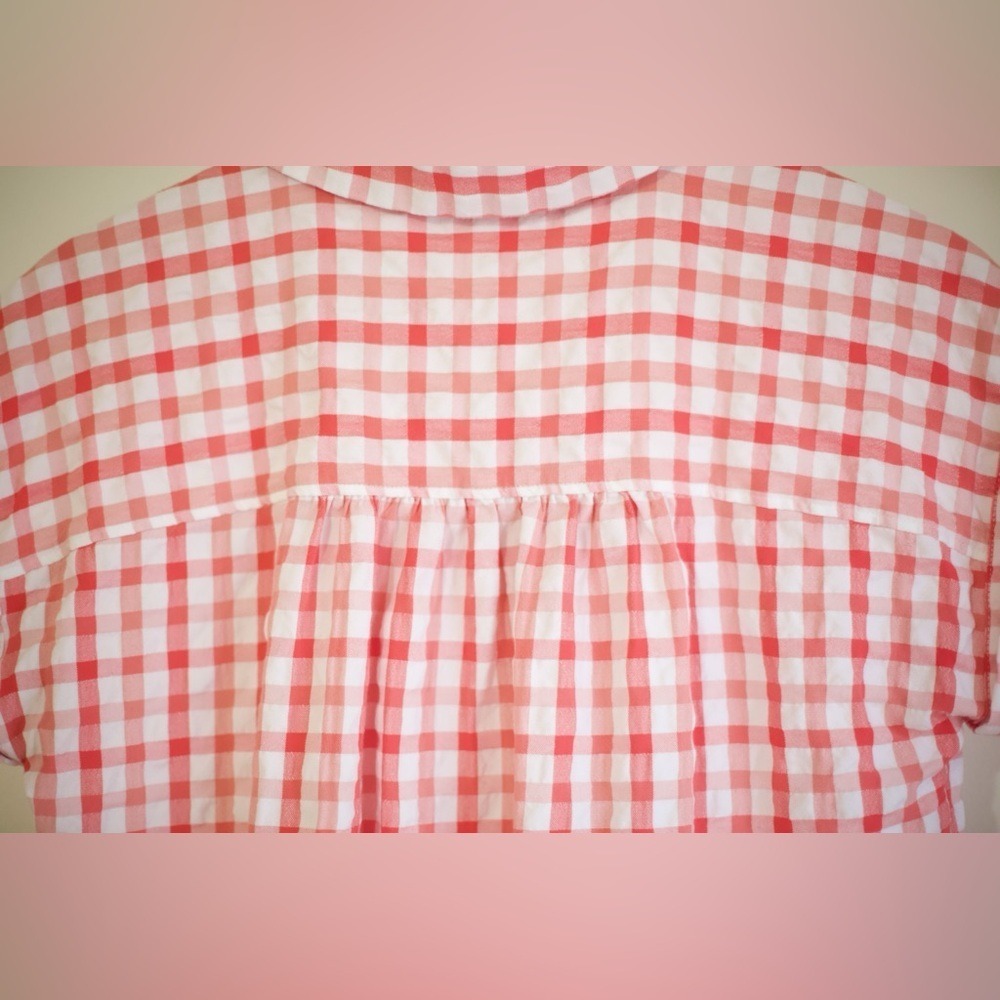 LOFT Pink White Plaid Collared Button-Up Blouse | Short Sleeve | XS - Picture 7 of 9